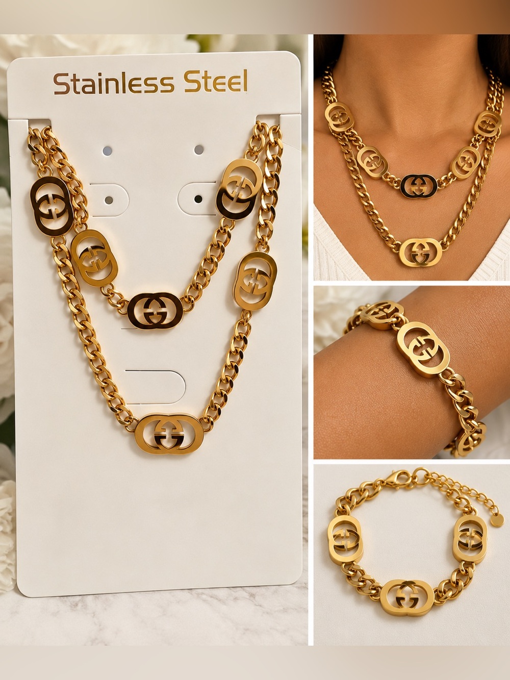 Gold-Tone Double Chain Logo-Link Necklace Set